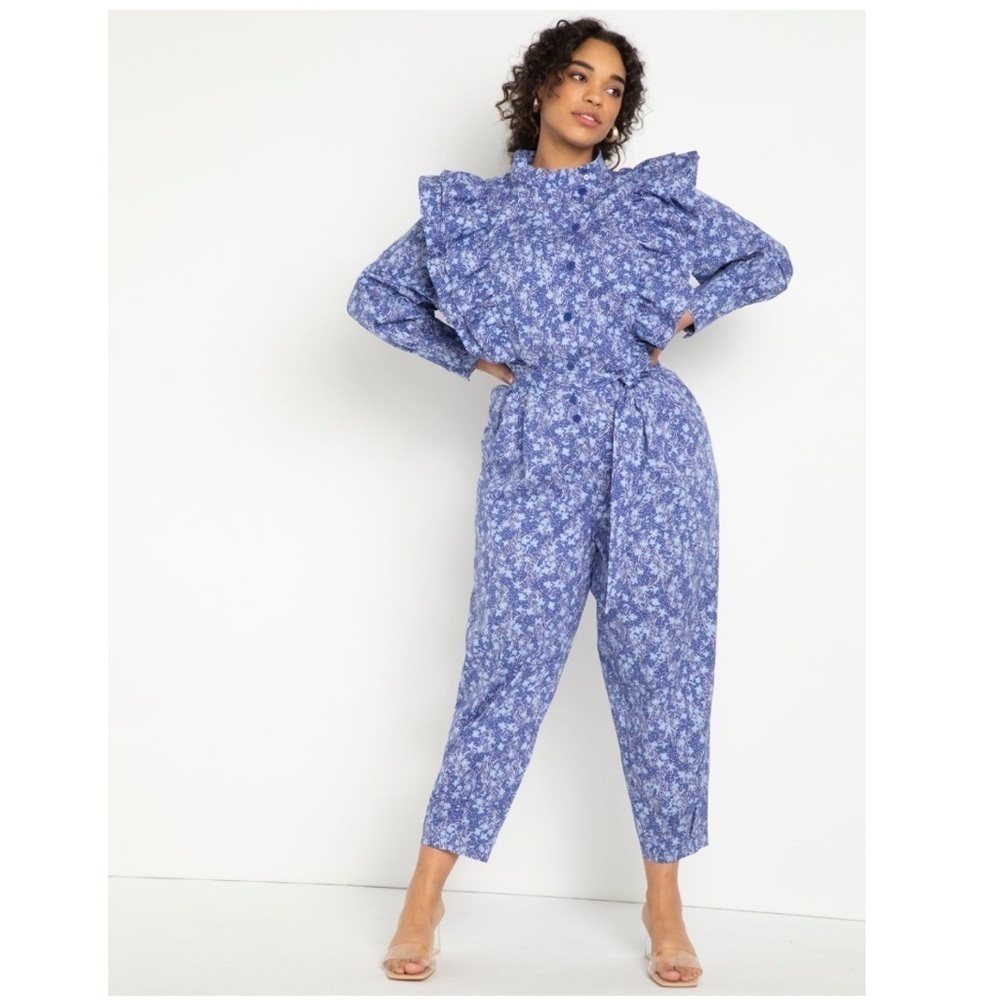 Eloquii 14 Ruffle Detail Printed Jumpsuit blue
